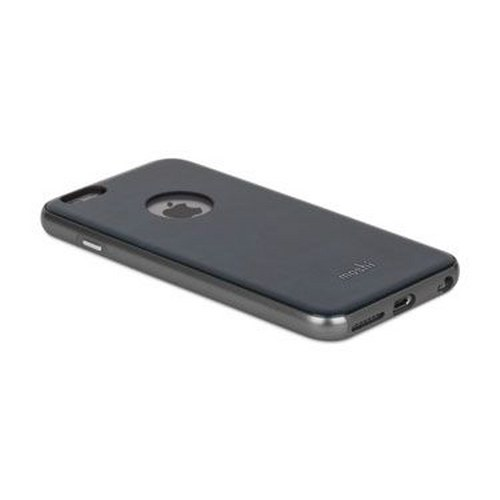 Una custodia grigio scuro per iPhone con logo Apple è mostrata su sfondo bianco.