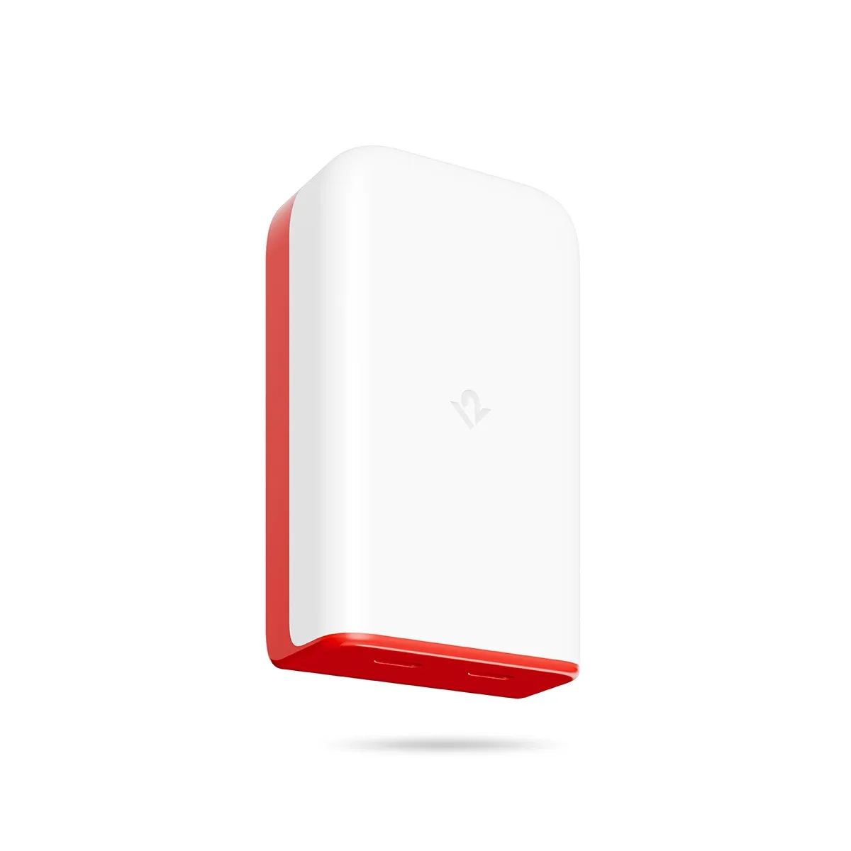 Un dispositivo bianco e rettangolare con finiture rosse e un logo discreto sul viso.