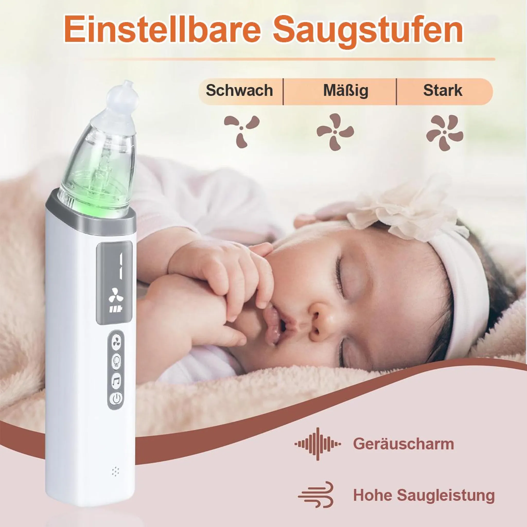 Baby schläft, mit Nasensauger daneben, einstellbare Saugstufen.