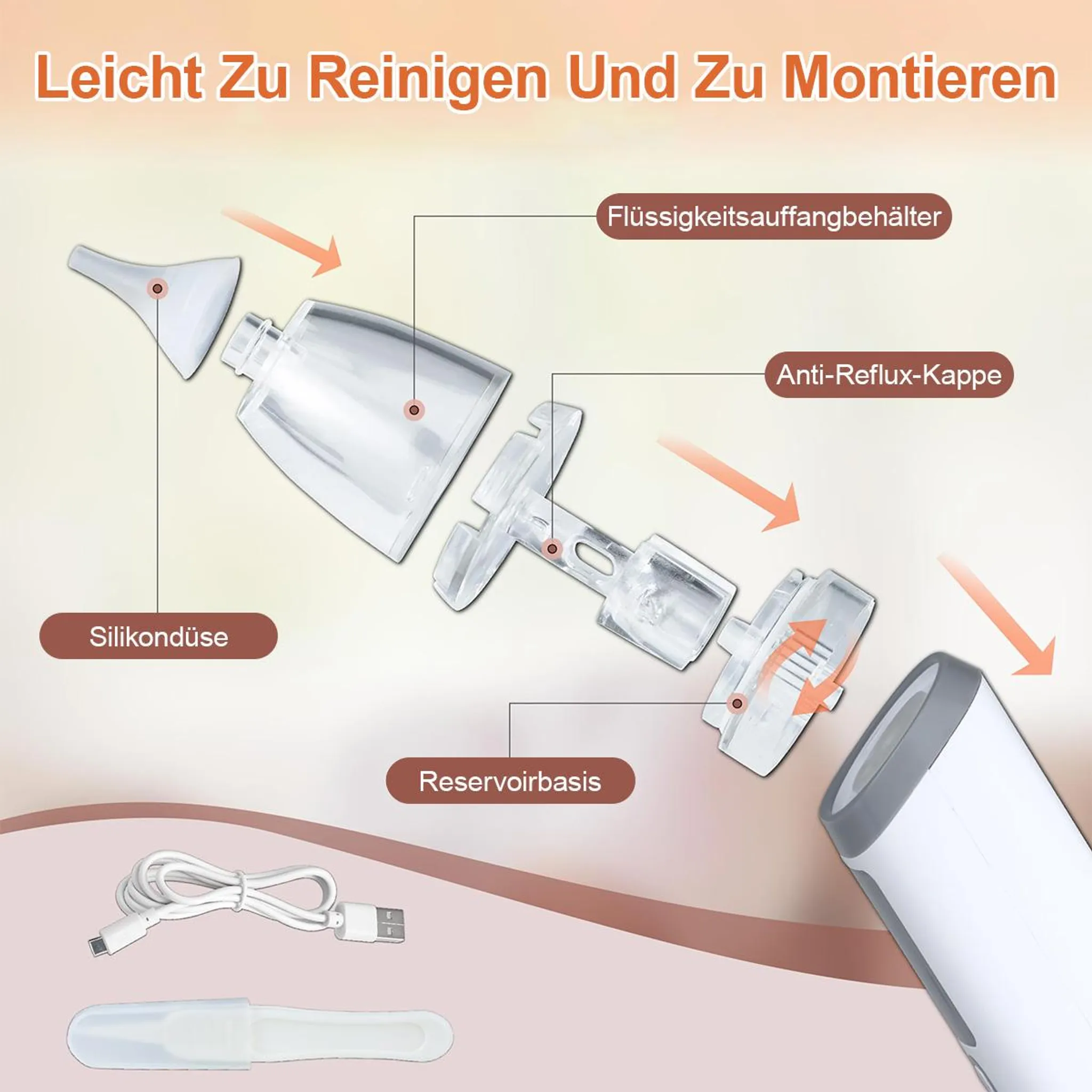 Explosionszeichnung eines medizinischen Geräts mit Pfeilen, die die Montage zeigen.
