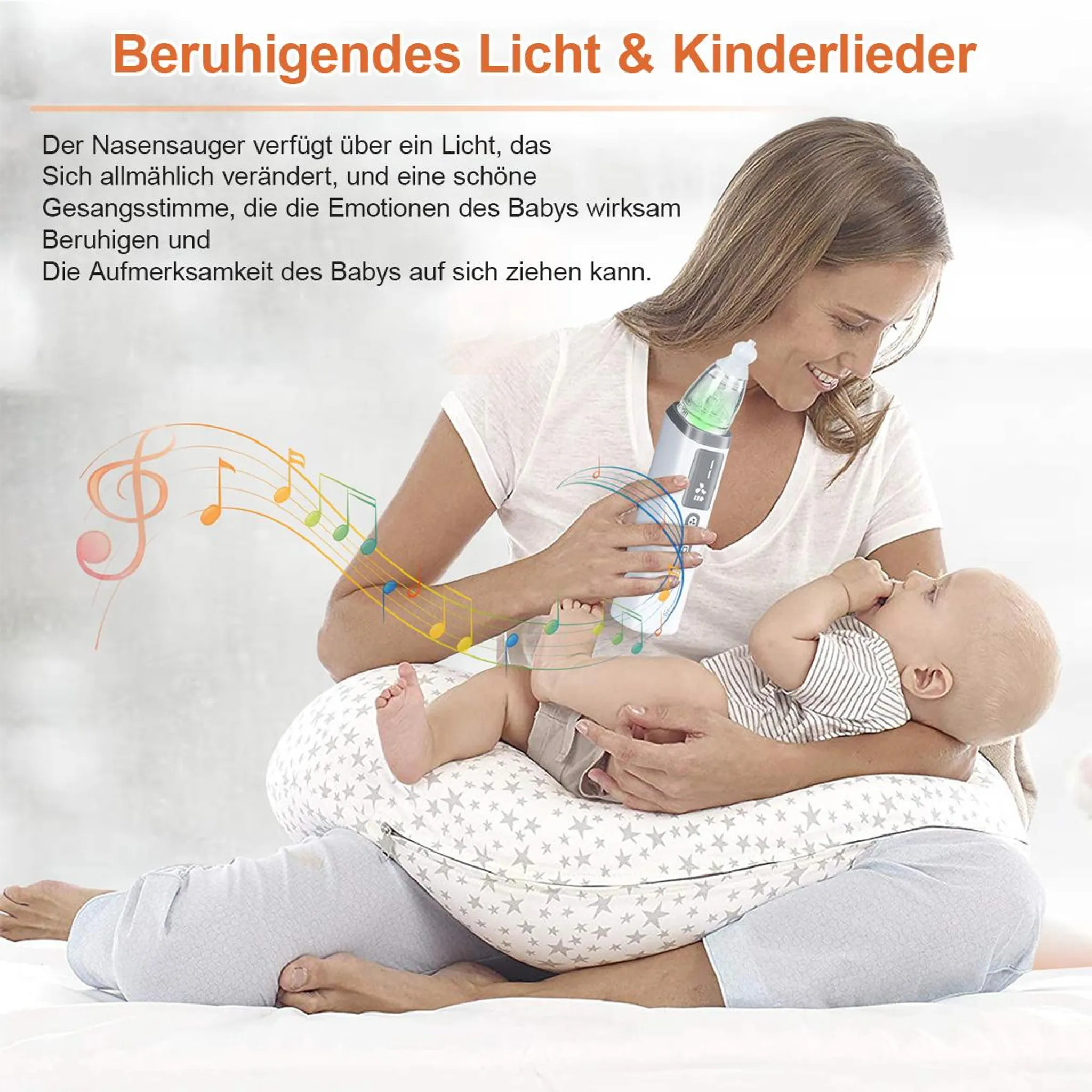 Mutter hält Baby, Nasensauger mit Licht und Musiknoten.