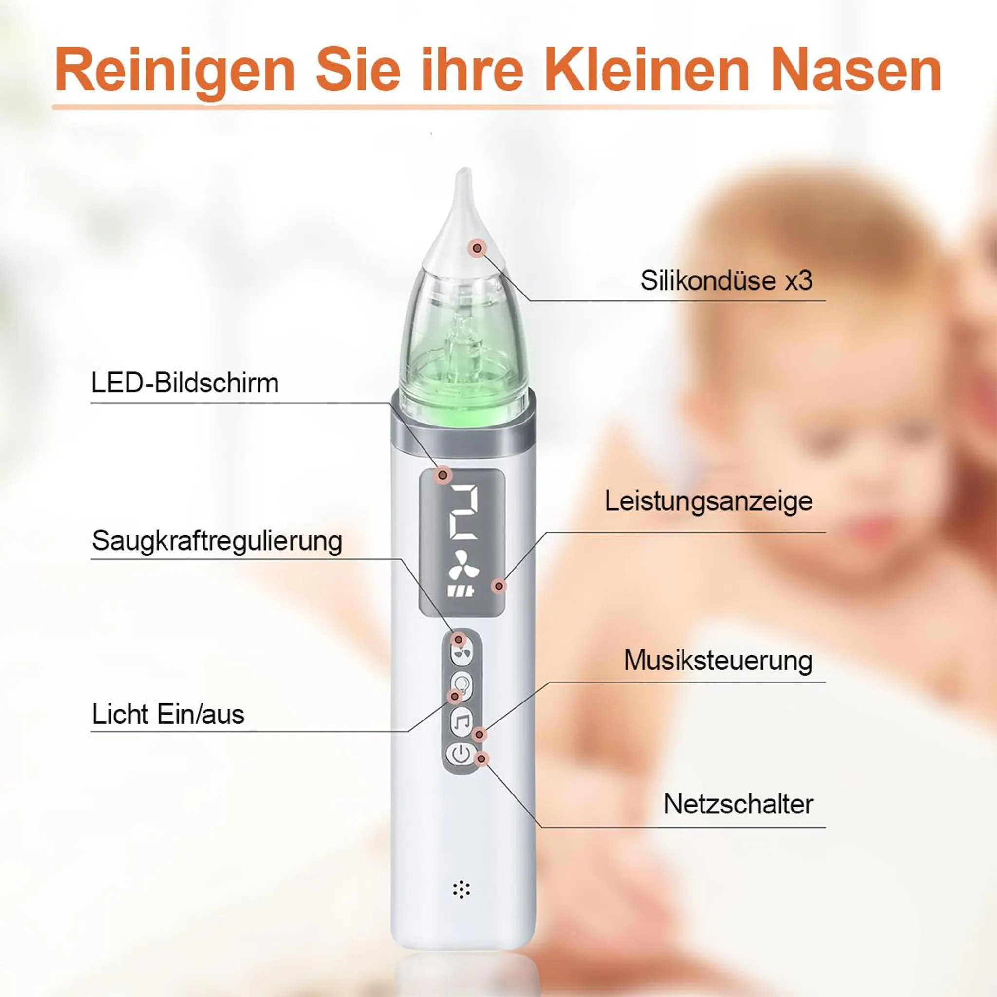 Ein Nasensauger mit LED-Bildschirm, Saugkraftregulierung und Musiksteuerung.