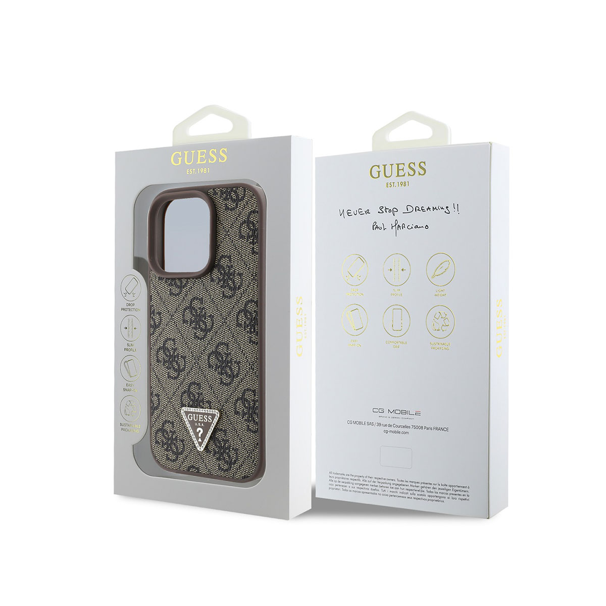 Custodia Guess con motivo logo e stampa 'Never Stop Dreaming'.
