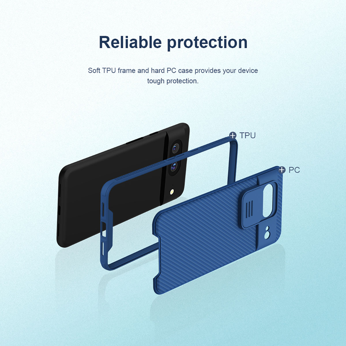 Vista esplosa di un telefono nero con cornice in TPU blu e custodia in PC.