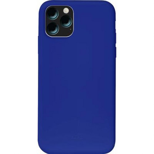 Una custodia per telefono blu reale con tre obiettivi della fotocamera sul retro.