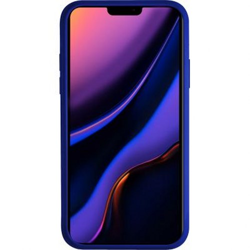 Uno smartphone blu con uno sfondo astratto scuro.