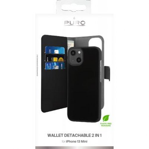 Custodia a portafoglio nera per iPhone 13 Mini con slot per carte.