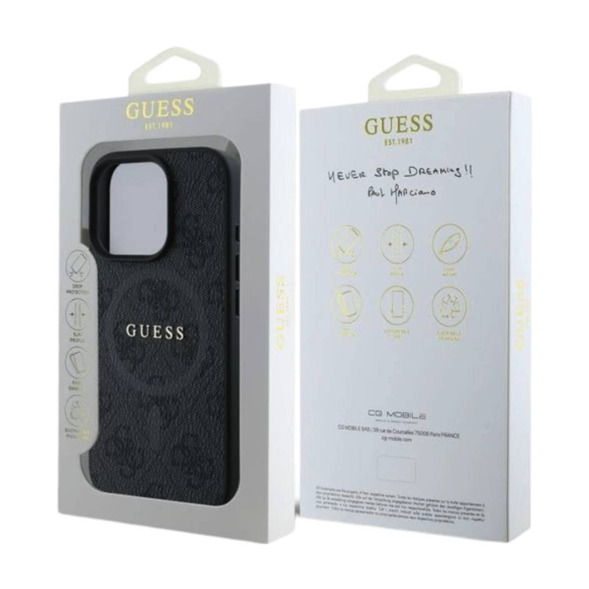 Custodia Guess per telefono in scatola con testo e icone.