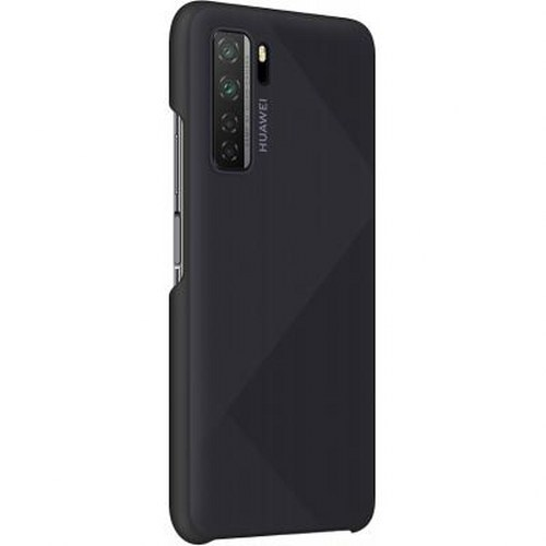 Custodia nera Huawei con motivo a rombi e foro per fotocamera.