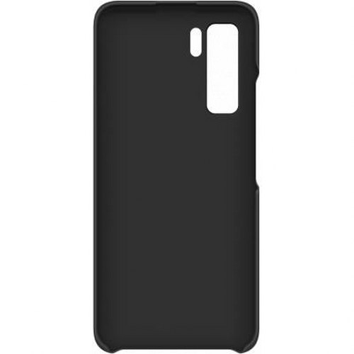 Custodia nera per telefono con ritaglio rettangolare per fotocamera.