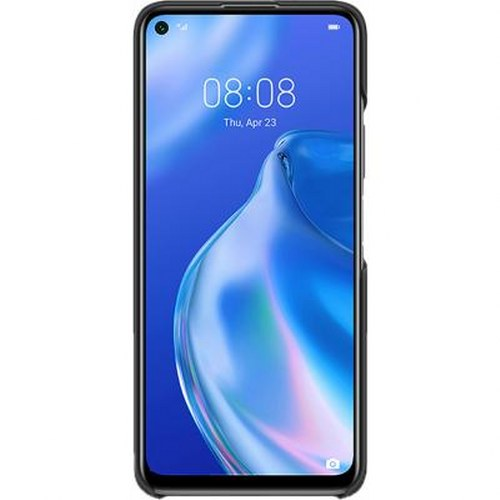 Uno smartphone nero che visualizza uno sfondo blu sul suo schermo.