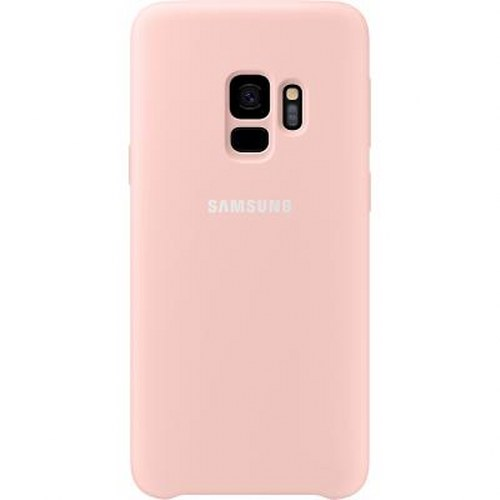 Una custodia rosa per telefono con logo Samsung e foro per fotocamera.