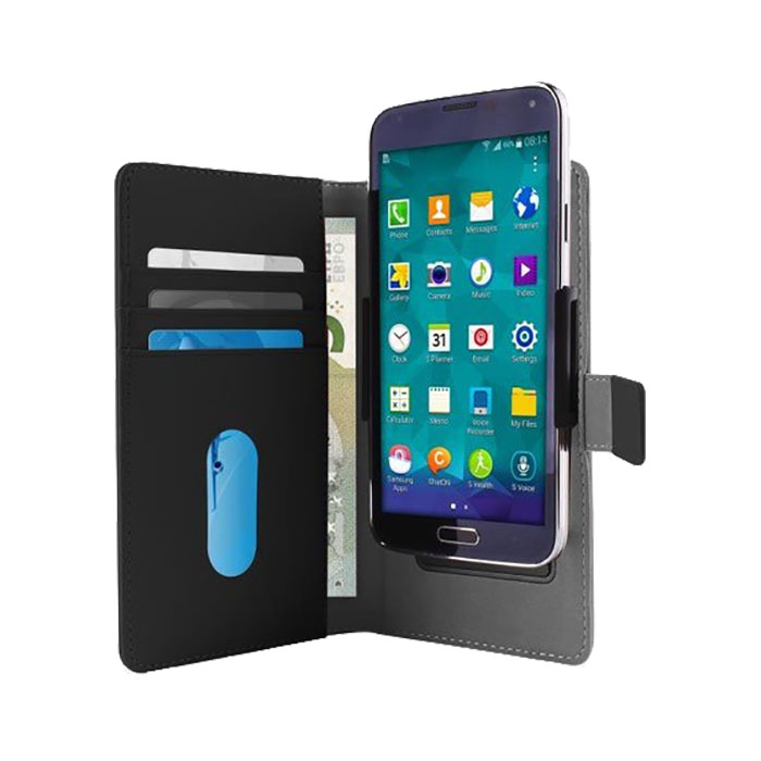 Una custodia a libro nera con uno smartphone che mostra le app.