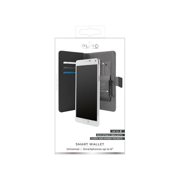 Scatola che mostra una custodia per smartphone fino a 6", con fessure per carte.