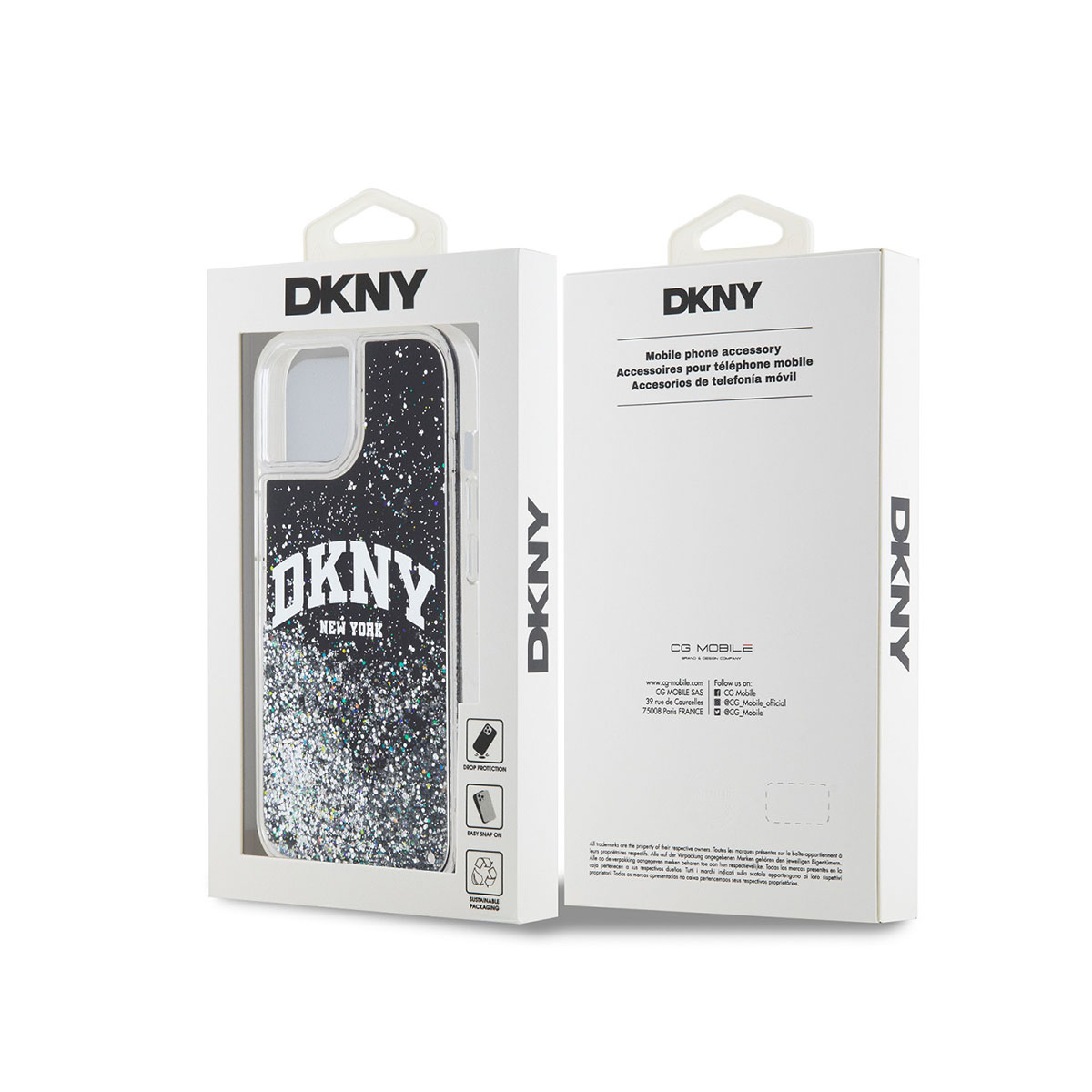 Custodia per telefono DKNY con glitter e testo "DKNY NEW YORK" su sfondo nero.