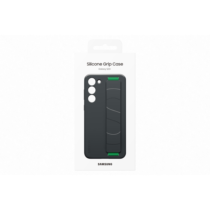 Custodia in silicone grigio scuro per Galaxy S23+ con cinturino e tre fori per fotocamera.