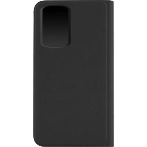 Custodia nera per smartphone con ritaglio rettangolare per fotocamera.