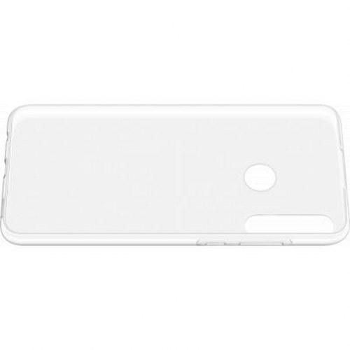Una cover trasparente per telefono con ritagli per fotocamera e porte. Sfondo bianco.