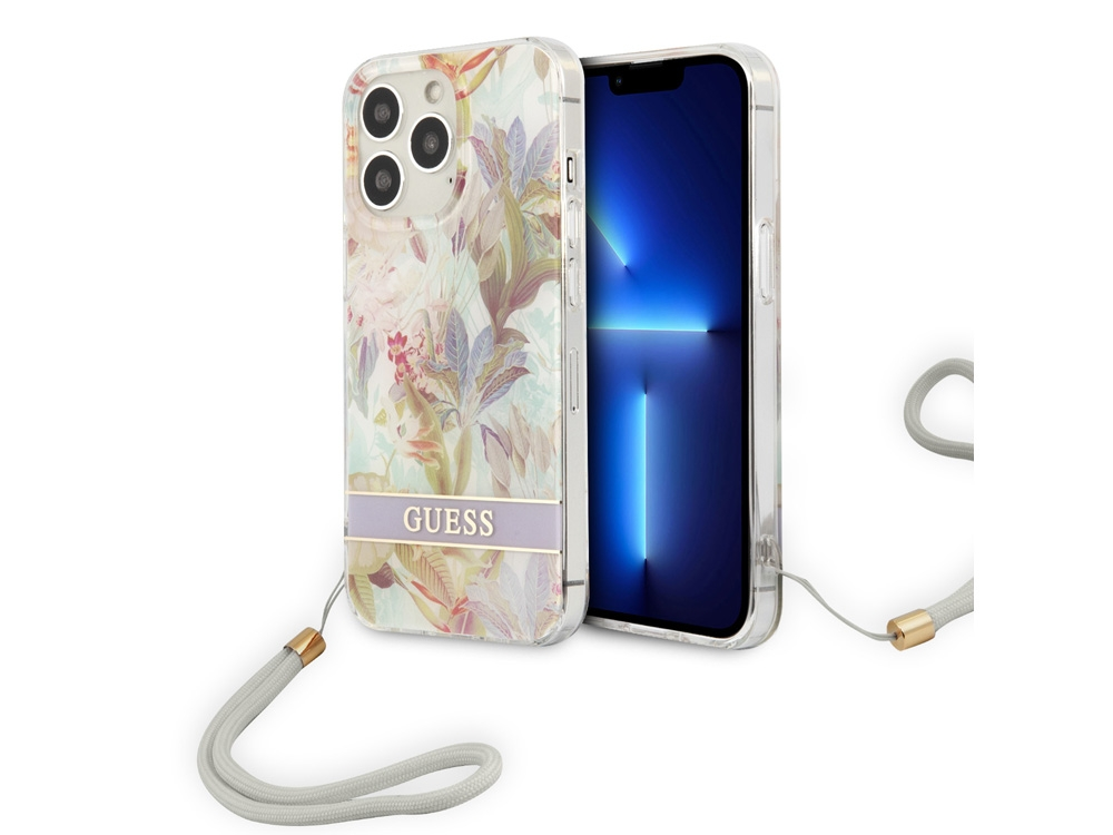 Una cover floreale con logo GUESS e cinturino, accanto a un iPhone.