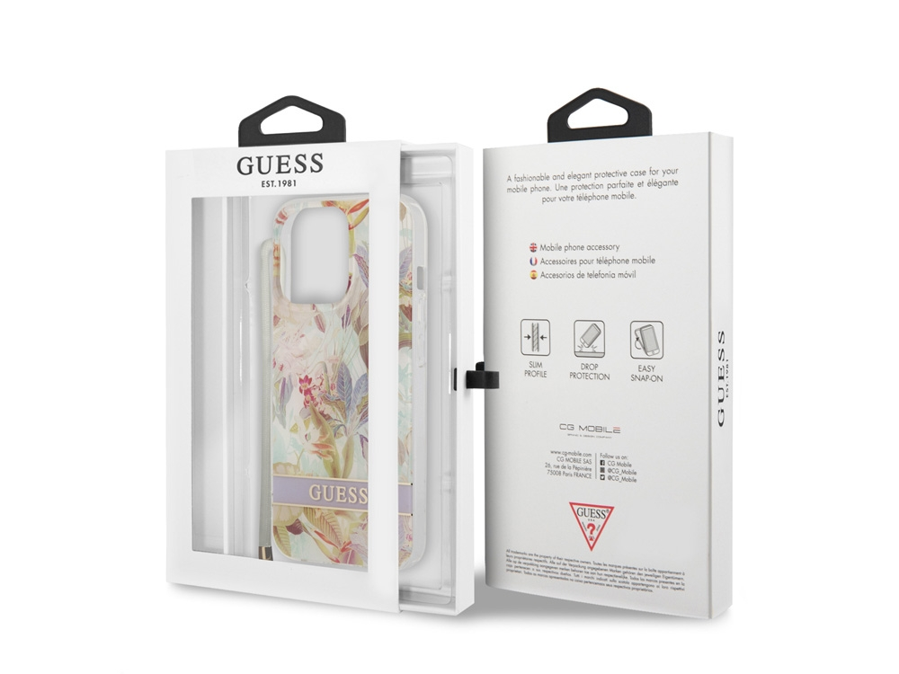Custodia Guess con motivo floreale in confezione, con testo.