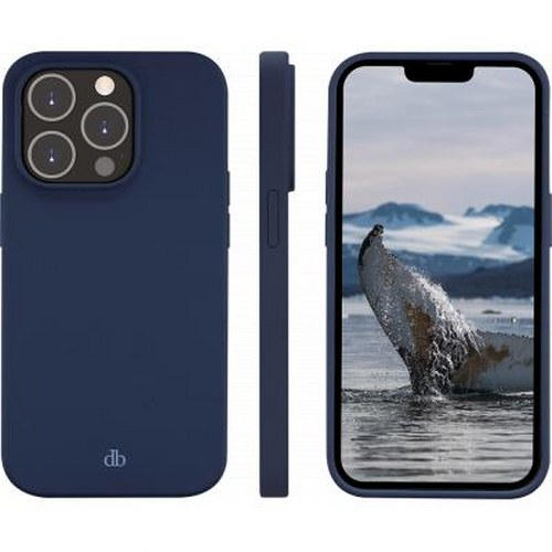 Tre viste di una custodia blu scuro per telefono, una mostra la coda di una balena.
