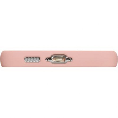 Primo piano di una custodia rosa per telefono che mostra una porta di ricarica e pulsanti.