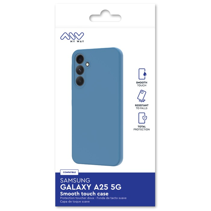 Funda azul para Samsung Galaxy A25 5G con texto e iconos.