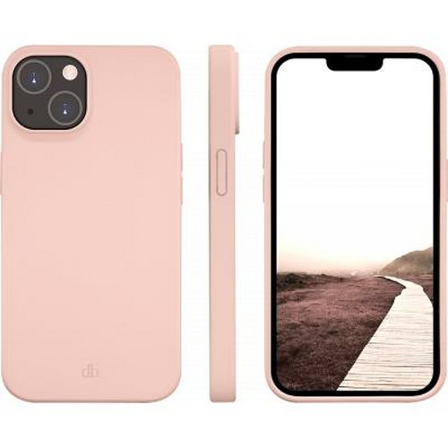 Una cover rosa per iPhone con tre fotocamere, vista laterale e schermo frontale.