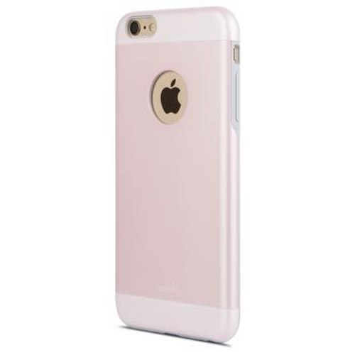 Una custodia rosa per iPhone con accenti argentati e logo Apple.
