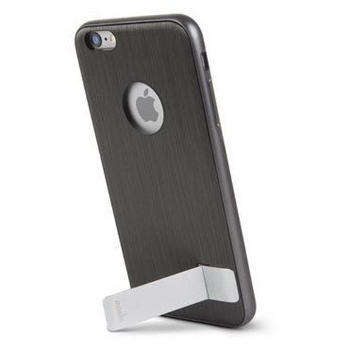 iPhone nero con supporto argento su sfondo bianco.