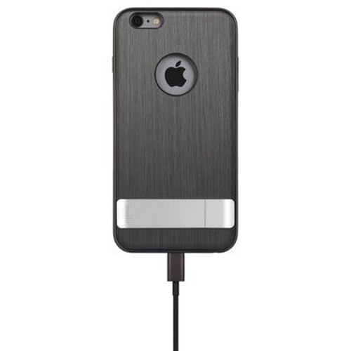 Custodia iPhone grigio scuro con logo Apple e cavo di ricarica.