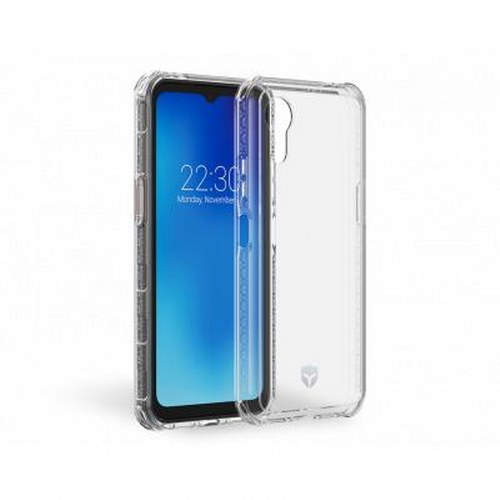 Una cover trasparente per telefono accanto a uno smartphone con schermo blu che mostra l'ora.