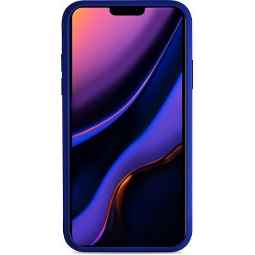 Uno smartphone blu che mostra uno sfondo viola e arancione.
