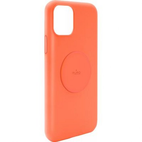 Una custodia per telefono arancione brillante con un emblema circolare al centro.