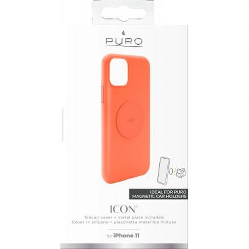 Custodia arancione Puro per iPhone 11 con icona supporto magnetico auto.