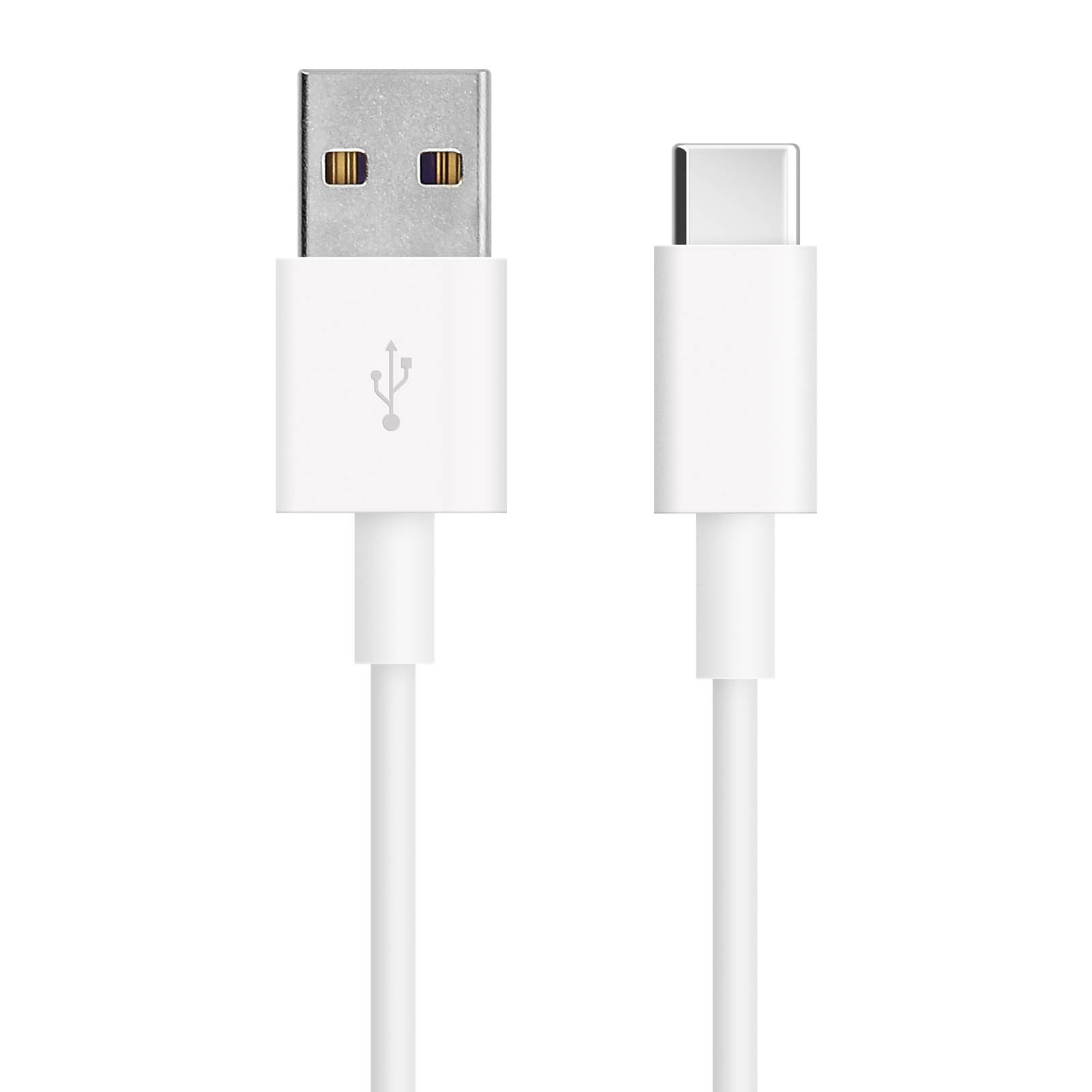 Ein weißes USB-A zu USB-C Kabel mit silbernen Anschlüssen auf weißem Hintergrund.