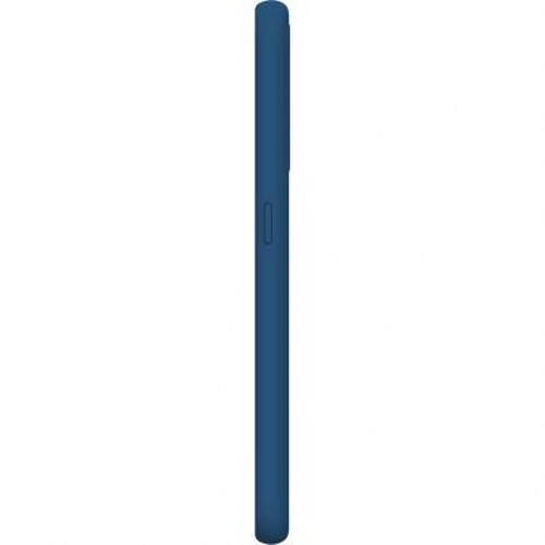 Custodia blu scuro per telefono di profilo su sfondo bianco.