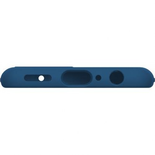 Custodia blu scuro per telefono con ritagli per porte e microfono.