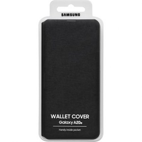 Copertina a portafoglio Samsung nera per Galaxy A20e con testo.