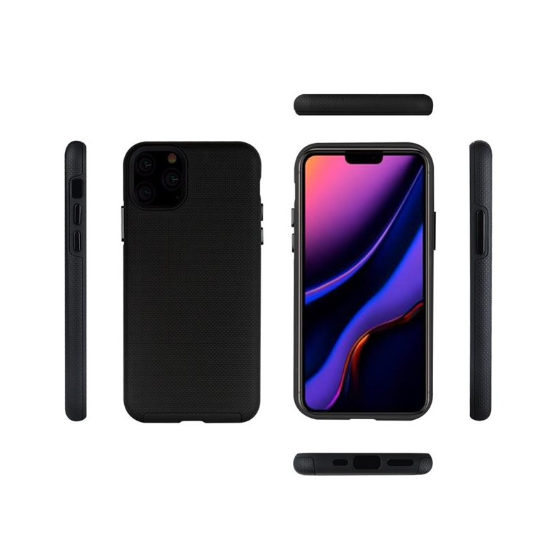 Custodia nera per smartphone vista da più angolazioni.