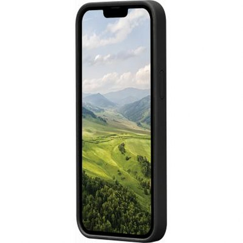 Uno smartphone nero che mostra un paesaggio sullo schermo.