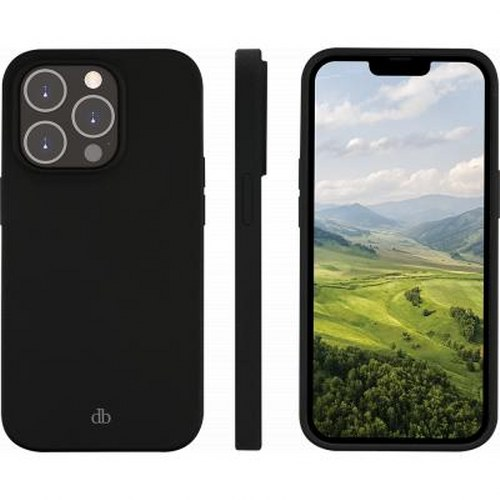 Custodia nera per telefono con ritaglio fotocamera e vista smartphone con sfondo paesaggio.