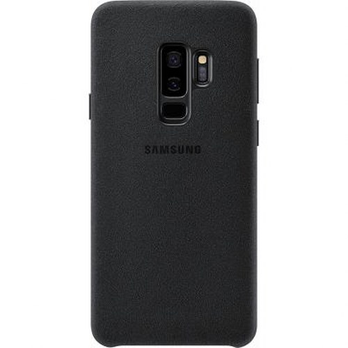 Schwarzes Samsung Handy mit Doppelkamera und Logo auf der Rückseite.