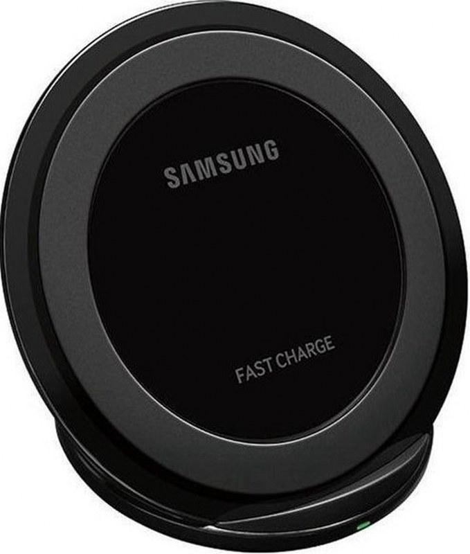 Caricatore wireless Samsung nero a ricarica rapida con spia verde.