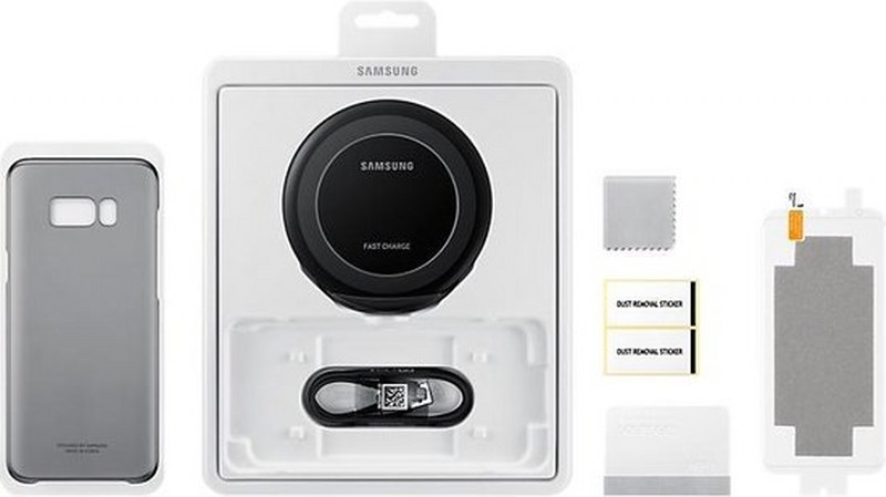 Caricatore wireless Samsung ricarica rapida, cover, cavo e kit protezione schermo.