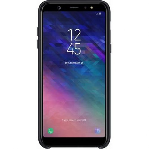 Un smartphone negro con la pantalla bloqueada, mostrando las 12:45.