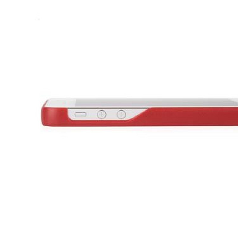 Custodia rossa per telefono con pulsanti argentati e bordo bianco.