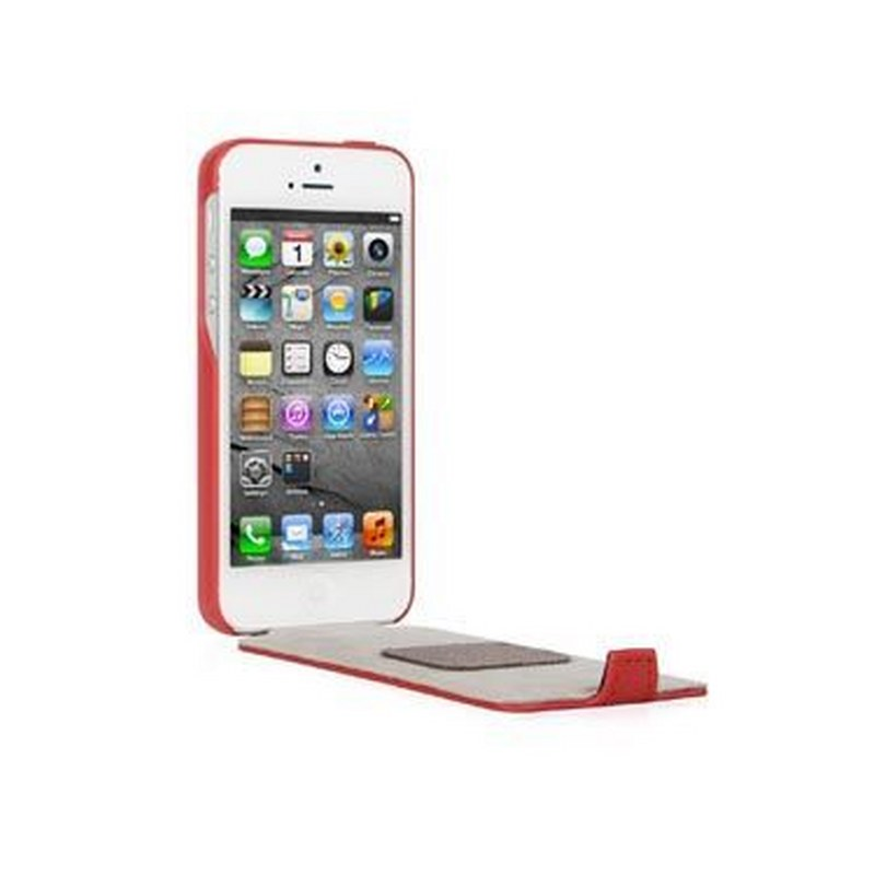 Un iPhone rosso con la custodia aperta, su sfondo bianco.
