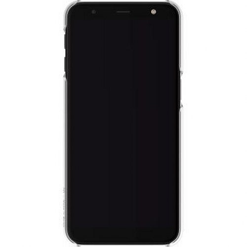 Uno smartphone nero con custodia trasparente, vista frontale.