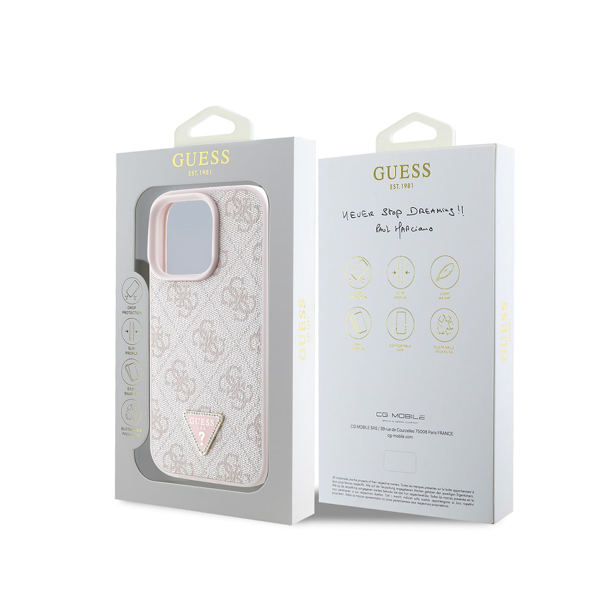 Custodia Guess in rosa e beige con motivo logo, in confezione.